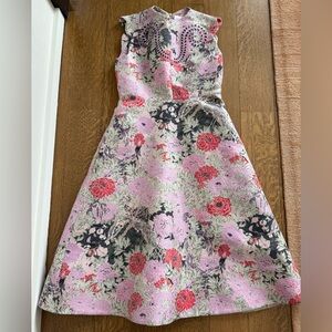 Designer Patou Floral Fit-and-Flare Pink & Red Jacquard Dress